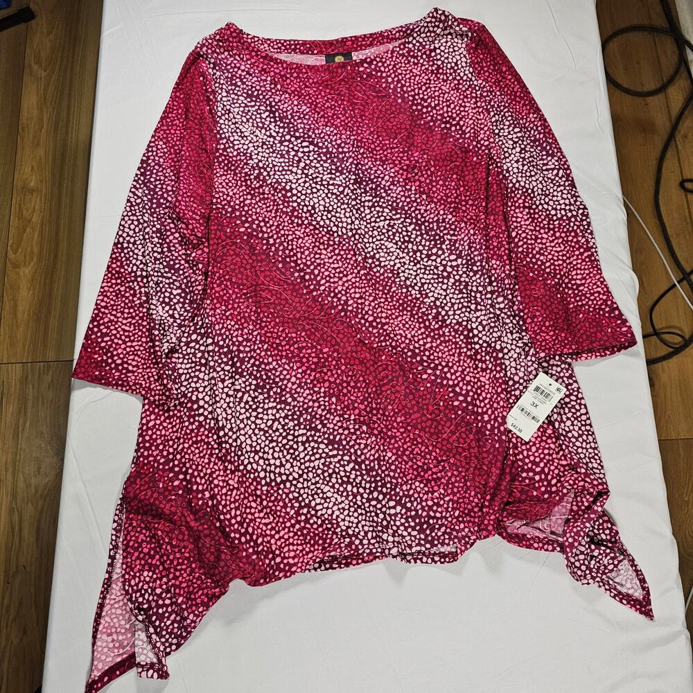 🏷️ JM Collection Top 3X Pink Abstract Print Asymmetrical Hem 3/4 Sleeve NWT